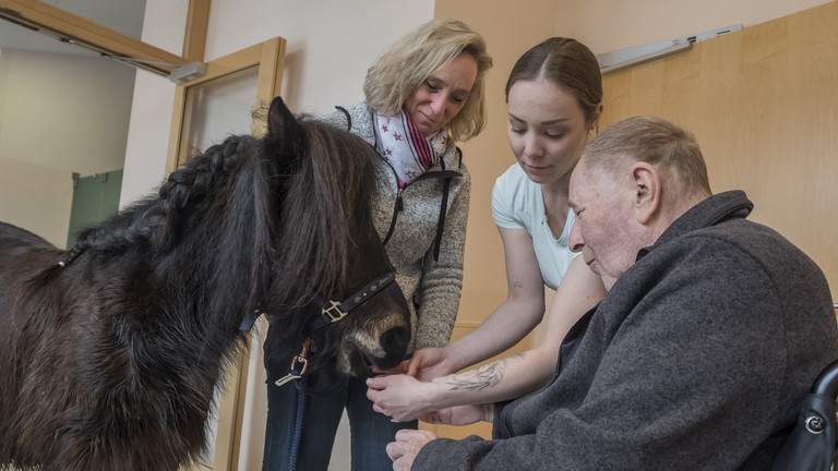 Ein Therapiepony steht mit zwei Betreuerinnen bei einem im Rollstuhl sitzenden Hospizgast in einem Flur des Diakonie Hospiz Volksdorf in Hamburg-Volksdorf.